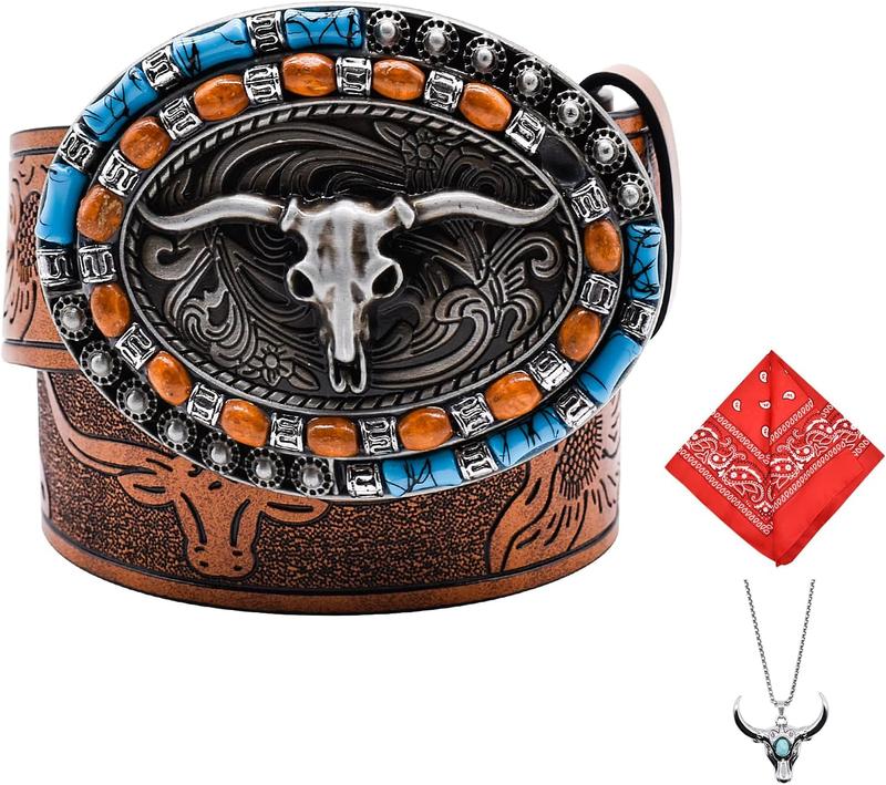 Western Cowboy Cowgirl Leather Buckle Belts, Vintage Turquoise Oval Embossed  Belts with 1 Necklace and Scarf