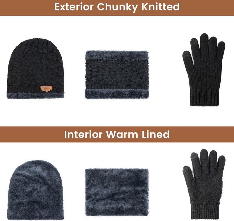 Winter Hat Beanie Scarf Touchscreen Gloves Set for Men Women, Skull Cap Gloves Neck Warmer Set with Fleece Lined