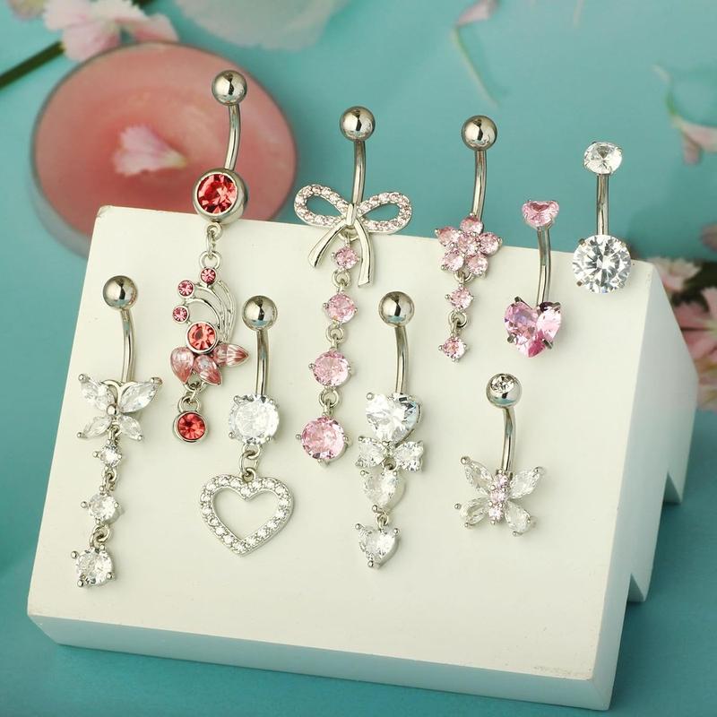 14G Belly Button ring Dangle Belly Rings Surgical Stainless Steel Cute Bow Butterfly Heart Flower Dangling Belly Button Piercing Jewelry For Women