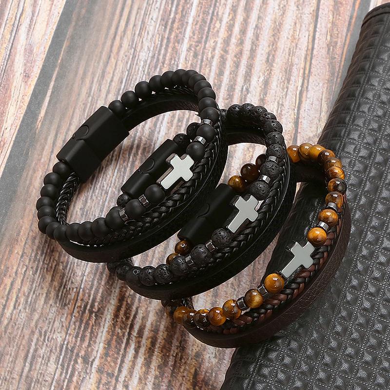 Men's Cross Leather Braided Bracelet Natural Stone Bracelet Cross Bangle Multilayer Braided Wristband Boho Style Magnetic Closure for Daily Use Christmas Gift for him