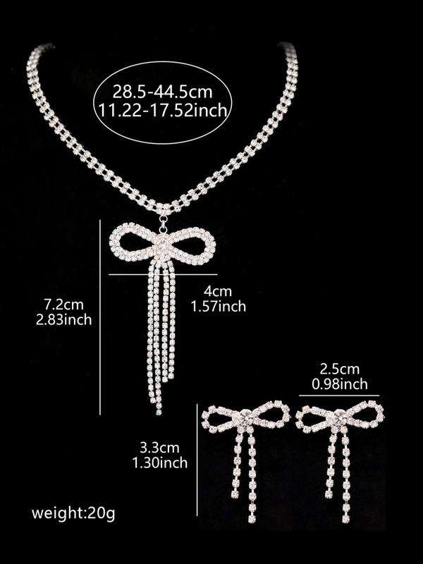 Women's Elegant Rhinestone Decorated Bowknot Design Necklace & Dangle Earrings, Exquisite Trendy Jewelry Set, Fashionable Accessories for Party & Daily Clothing Decor