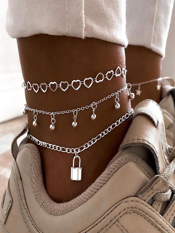 3pcs set Women's Fashion Hollow Out Heart Lock Charm Anklet, Casual Trendy Multilayer Anklet, Body Jewelry For Women & Girls