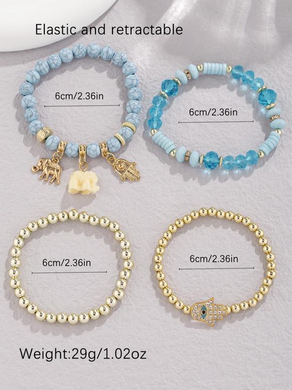 4pcs set Boho Style Colorblock Beaded Bracelet, Eye Detail Palm & Elephant Charm Stackable Beaded Bracelet, Fashion Matching Jewelry for Women & Men