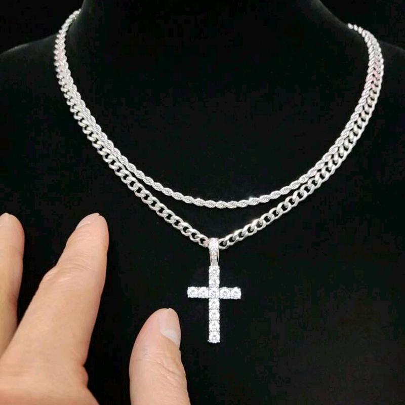 New Trending Hip Hop Twist Chain Necklace & Rehinestone Cross Pendant for Men and Women - Stainless Steel Jewelry