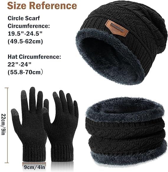 Winter Hat Beanie Scarf Touchscreen Gloves Set for Men Women, Skull Cap Gloves Neck Warmer Set with Fleece Lined