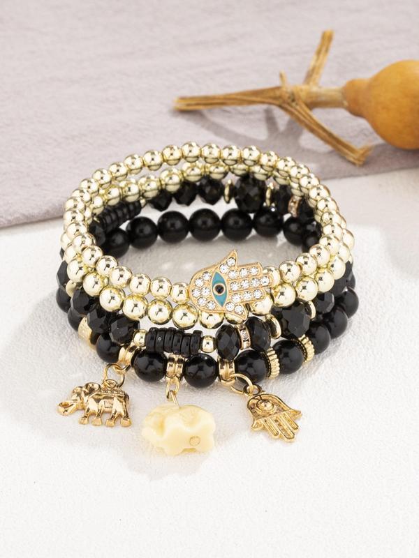 4pcs set Boho Style Colorblock Beaded Bracelet, Eye Detail Palm & Elephant Charm Stackable Beaded Bracelet, Fashion Matching Jewelry for Women & Men