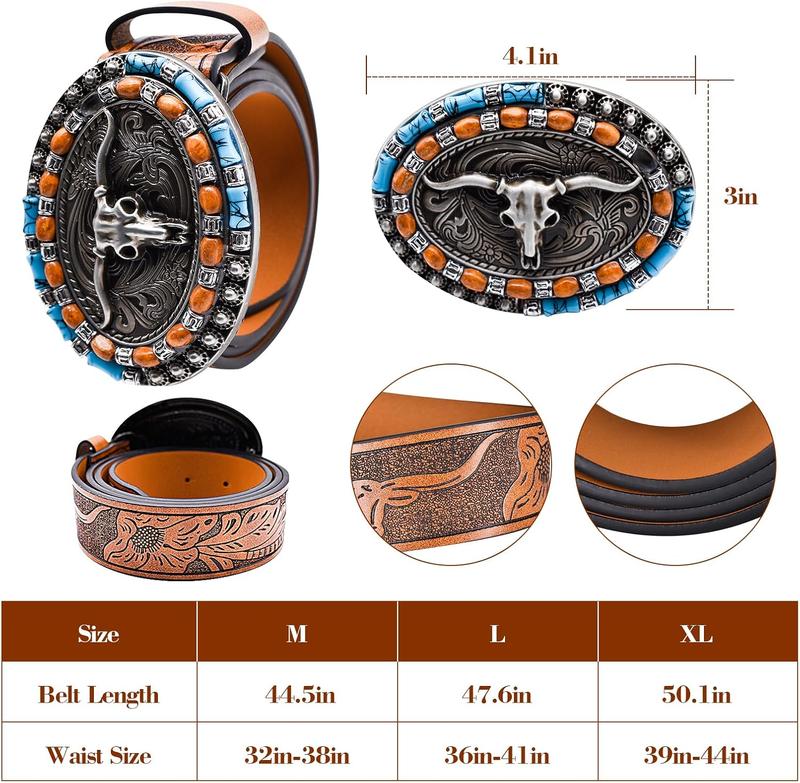 Western Cowboy Cowgirl Leather Buckle Belts, Vintage Turquoise Oval Embossed  Belts with 1 Necklace and Scarf