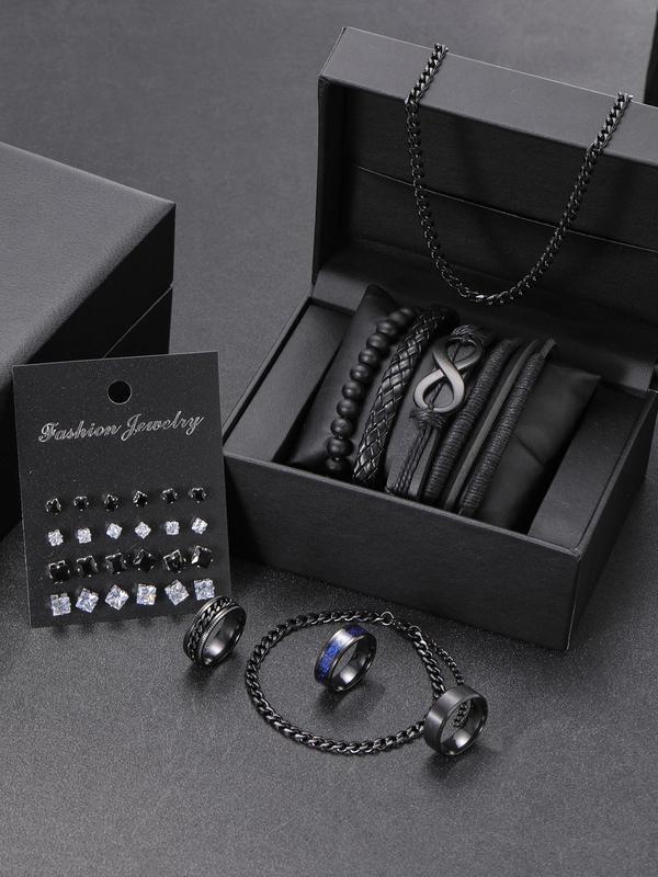 Men's Punk Style Jewelry Set, Stainless Steel Necklace & Ring & Rhinestones Decor Studs Earrings & Beaded Bracelet, Fashion Jewelry for Party, Trendy Exquisite Jewelry for Gift