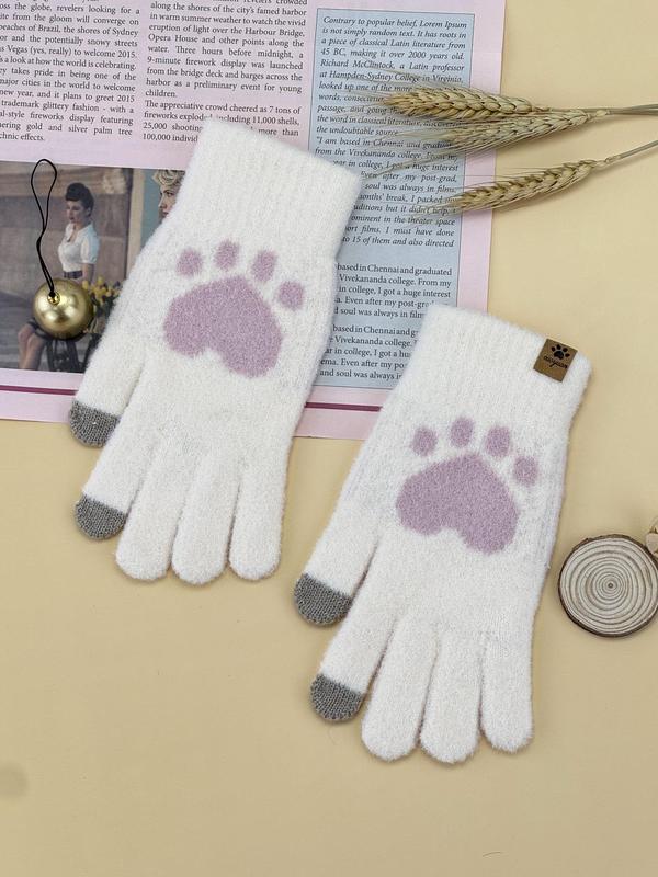 Women's Cute Cartoon Paw Pattern Touch Screen Gloves, Casual Trendy Warm Gloves for Fall & Winter, Fashion Accessories for Women & Girls