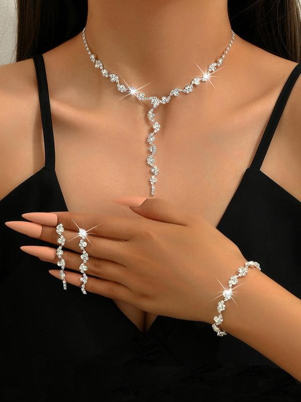 Women's Elegant Rhinestone Decorated Necklace & Bracelet & Earrings, Exquisite Trendy Jewelry Set, Fashionable Accessories for Party & Daily Clothing Decor