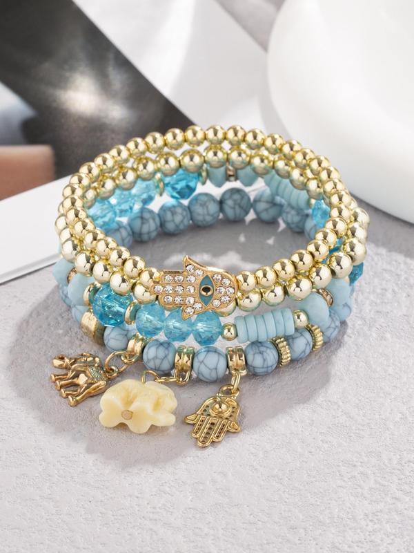 4pcs set Boho Style Colorblock Beaded Bracelet, Eye Detail Palm & Elephant Charm Stackable Beaded Bracelet, Fashion Matching Jewelry for Women & Men