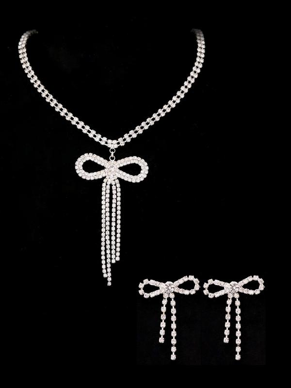 Women's Elegant Rhinestone Decorated Bowknot Design Necklace & Dangle Earrings, Exquisite Trendy Jewelry Set, Fashionable Accessories for Party & Daily Clothing Decor