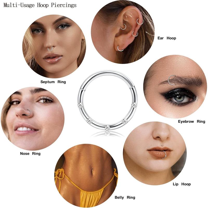 Besteel 9 Pcs Hypoallergenic Septum Rings 16G Surgical Steel CZ Opal Clicker Hinged Nose Rings Hoop for Women Men Lip Conch Tragus Helix Daith Cartilage Earrings 8mm 10mm