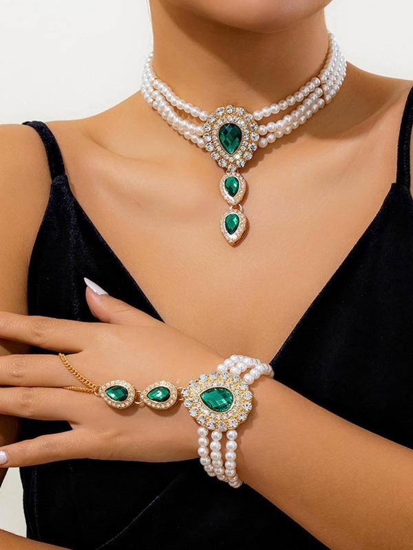 Women's Elegant Faux Pearl & Rhinestone Decorated Necklace & One Piece Bracelet, Exquisite Trendy Jewelry Set, Fashionable Accessories for Party & Daily Clothing Decor