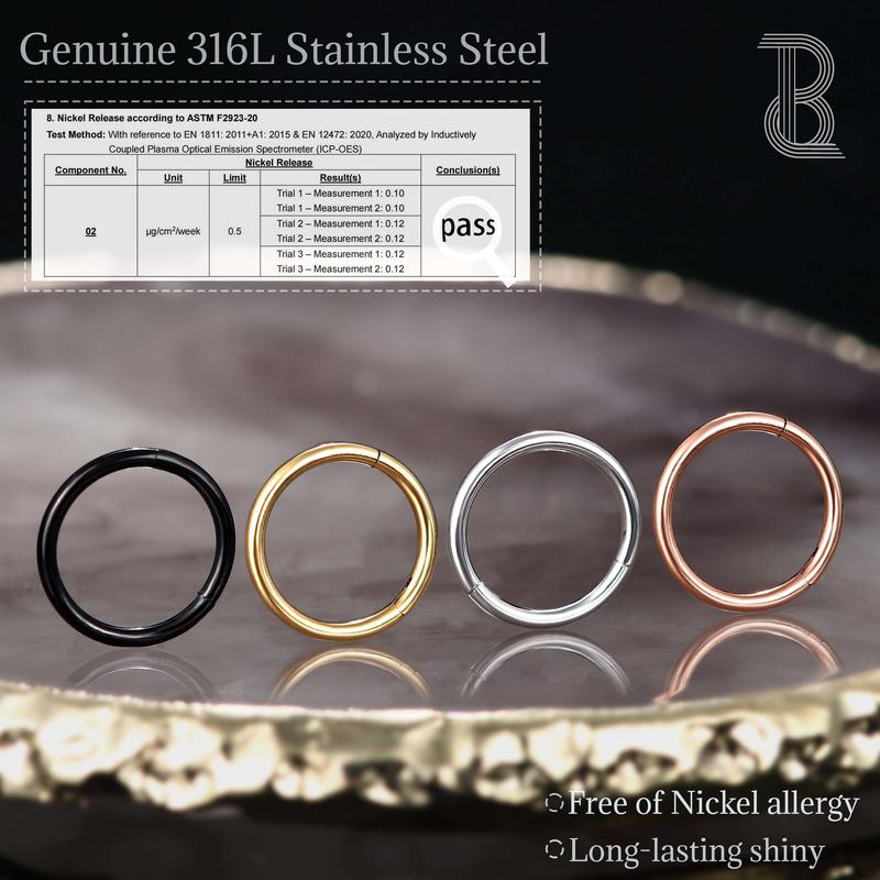 BodyBonita Hinged Nose Rings Hoops 316L Surgical Steel Seamless Nose Piercing Jewelry 20G 18G 16G 14G Septum Clicker Lip Rings Cartilage Helix Daith Conch Tragus Rook Labret Belly Button 5mm 6mm 7mm 8mm 9mm 10mm 11mm 12mm-Gold Silver Black Rose Gold