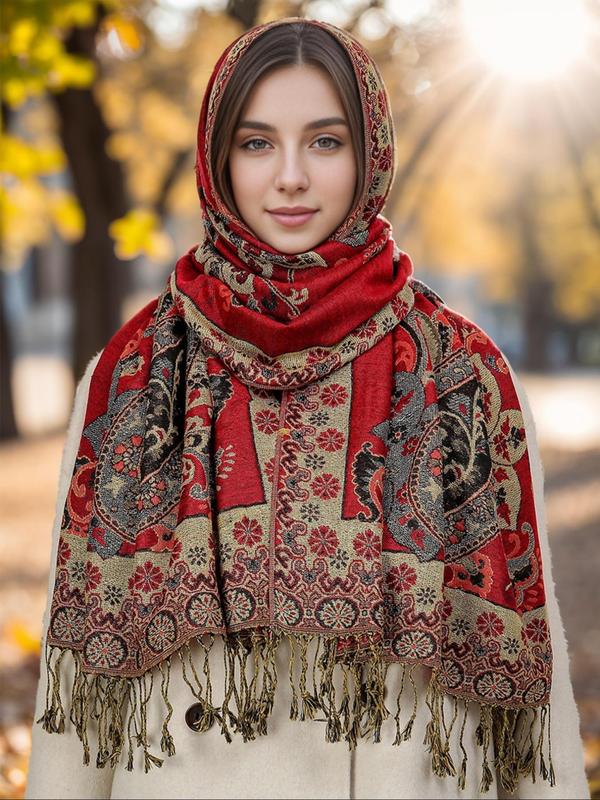 Women's Floral & Paisley Print Tassel Decor Scarf, Vintage Style Long Shawl for Fall & Winter, Fashion Accessories for Women & Girls