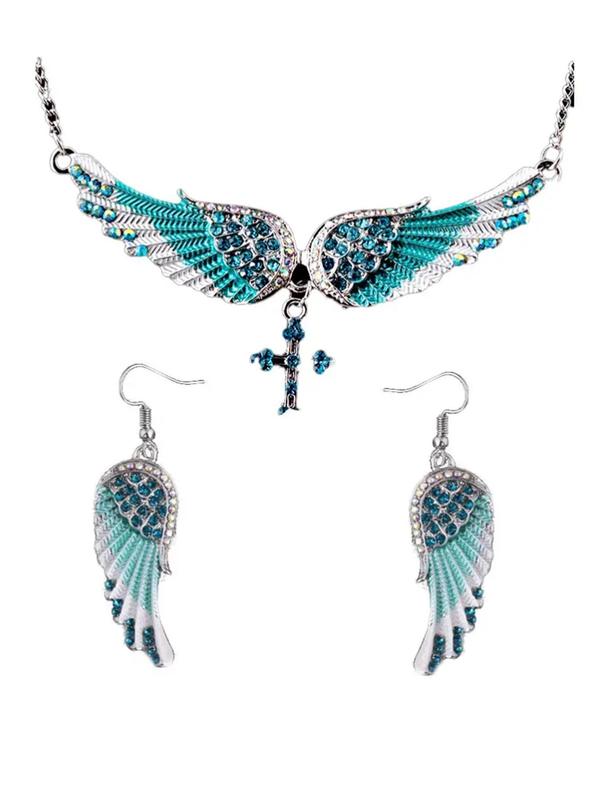 Women's Elegant Rhinestone Decorated Wing Design Jewelry Set, Including Necklace & Dangle Earrings, Trendy All-match & Exquisite Jewelry for Birthday Gift