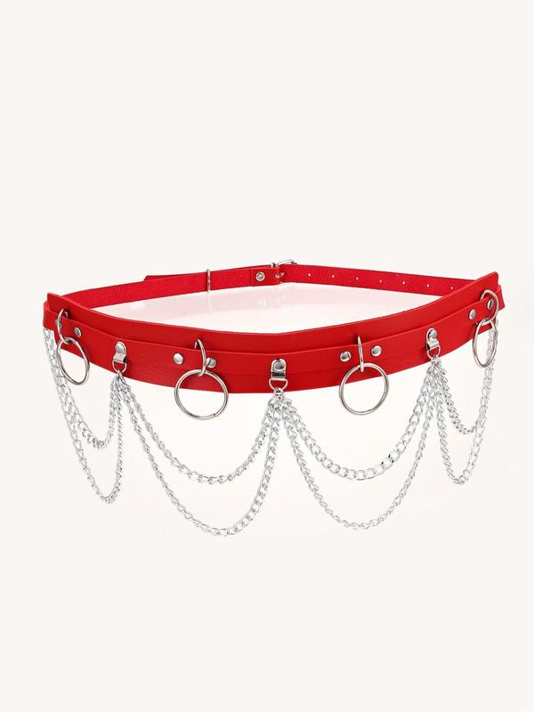 Women's O-Ring & Chain Decorated Waist Belt, Punk Studded Decor PU Leather Buckle Belts For Casual Outfits, Musical Festival Fashion Accessories