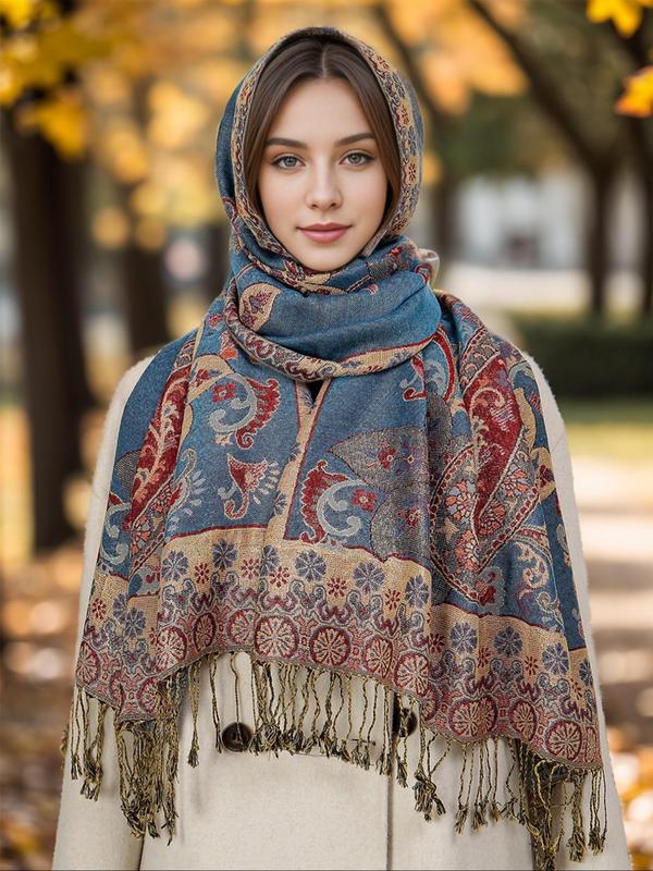 Women's Floral & Paisley Print Tassel Decor Scarf, Vintage Style Long Shawl for Fall & Winter, Fashion Accessories for Women & Girls