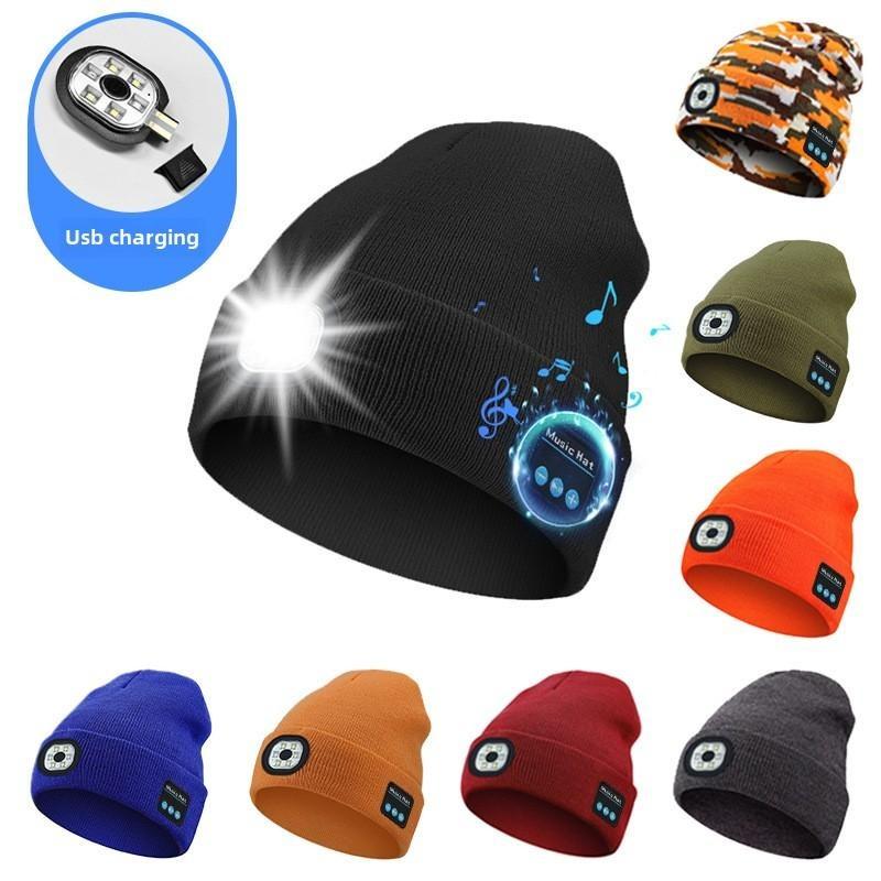 Bluetooth knitted hat with LED headlamp and detachable speaker, USB rechargeable woven warm winter hat, birthday gift.