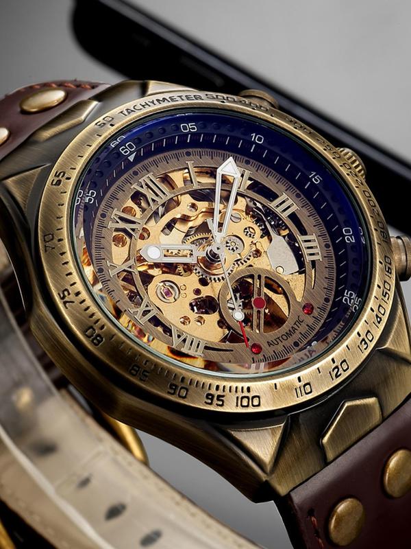 Men's Vintage Mechanical Watch, Fashion Skeleton Automatic Watch for Party, Daily Clothing Decor, Trendy All-match & Exquisite Watch for Gift with Box