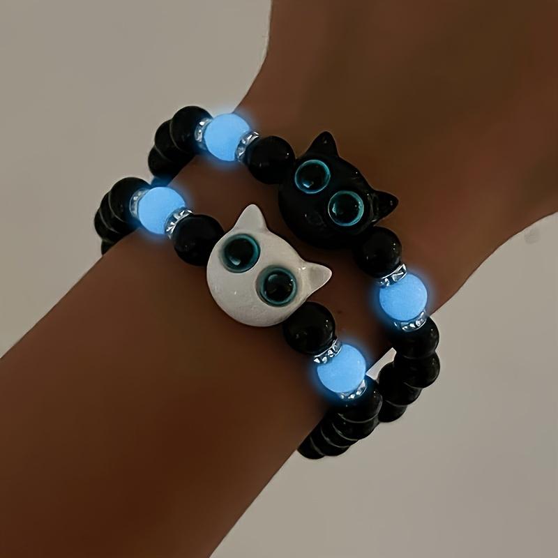 4 Pcs Glow-in-the-Dark Cat Jewelry Set - Luminous Beaded Bracelets & Multilayer Necklace, Vintage Boho Style, Adjustable Elastic Black Beads With Cute Cat Accents, Perfect For Couples Friendship Gifts