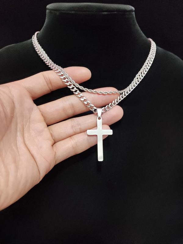 Cross Pendant & Cuban Chain Necklace Set for Men & Women, Stainless Steel Vintage Jewelry for Party, Daily Decor, Trendy All-match & Exquisite Jewelry for Birthday Gift, Fall Outfits, Fall Freshness, for Fall