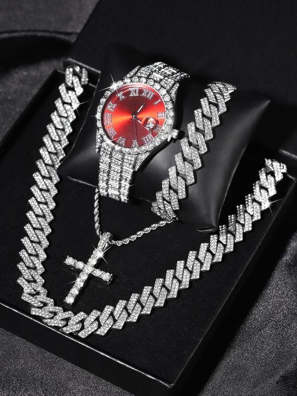 Men's Punk Style Rhinestone Decor Watch & Bracelet & Adjustable Cross Charm Necklace & Cuban Necklace, Exquisite Trendy Watch Set As Gift with Box