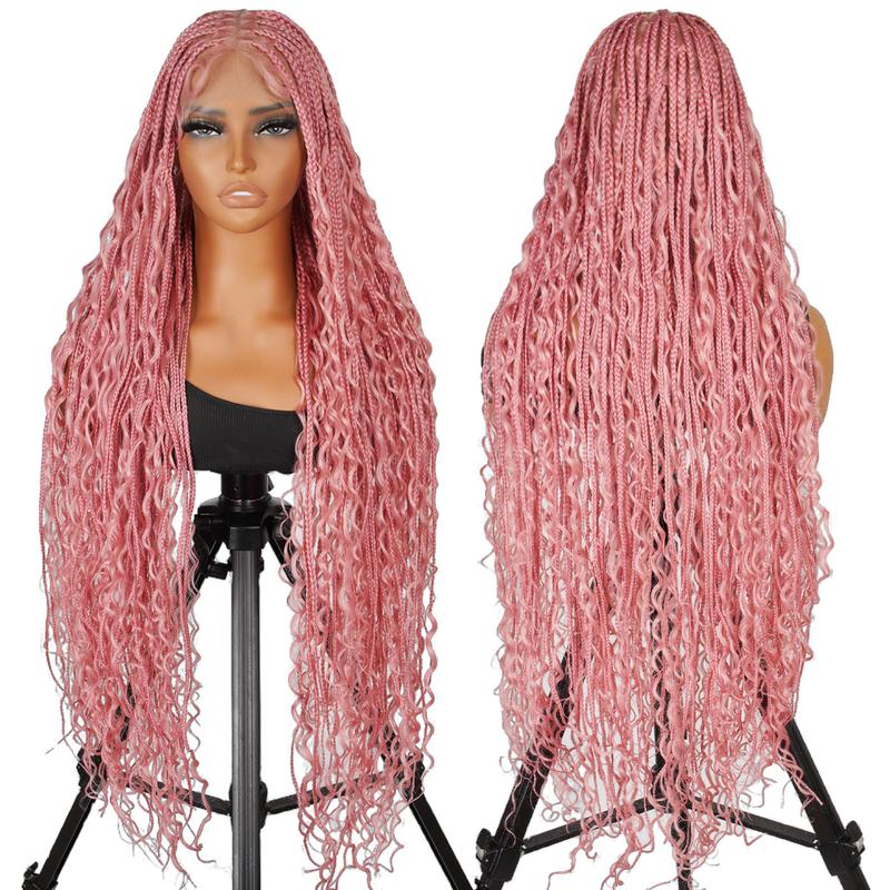 SuperNova #Pink 36 Inches Full Lace Synthetic Bohemian Knotless Box Braided Wigs, Lightweight, Breathable, Natural Look, Long-Lasting, Easy to Maintain, Perfect for Fashionable Styles, Versatile for Any Occasion, Elegant Pink Color for All-Day Wear