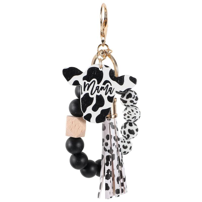 Cow Print Beaded Keychain, 1 Count Cute Silicone Beaded Keychain with Wooden Tag & Tassel, Car Interior Decoration Accessories for Women & Girls