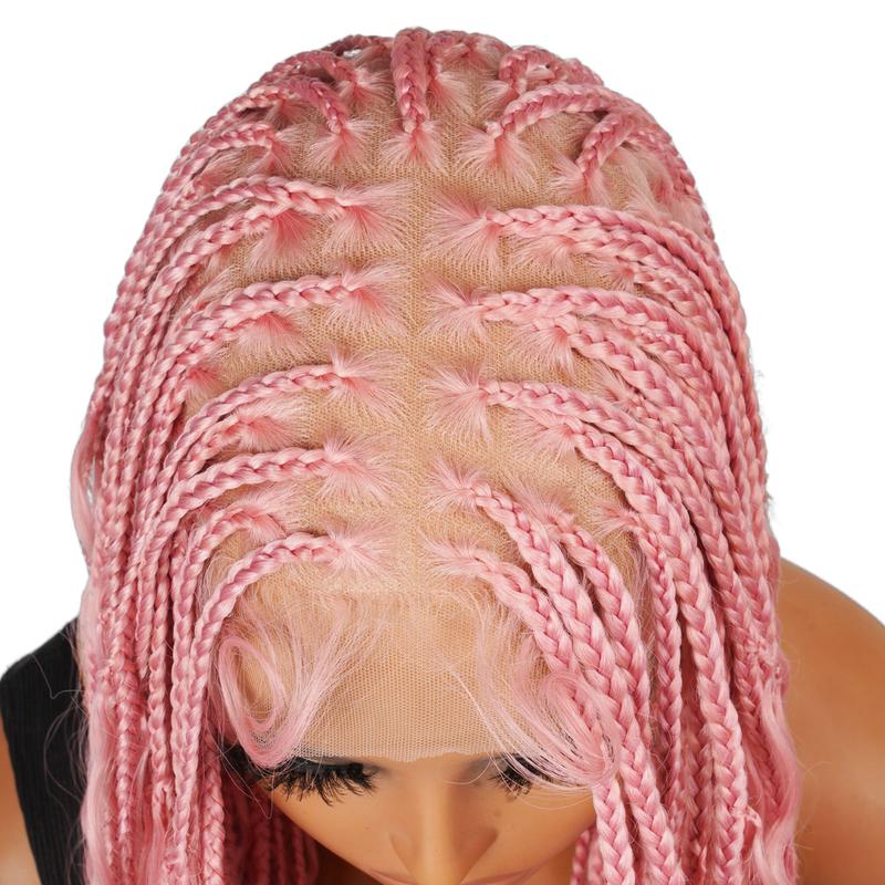 SuperNova #Pink 36 Inches Full Lace Synthetic Bohemian Knotless Box Braided Wigs, Lightweight, Breathable, Natural Look, Long-Lasting, Easy to Maintain, Perfect for Fashionable Styles, Versatile for Any Occasion, Elegant Pink Color for All-Day Wear