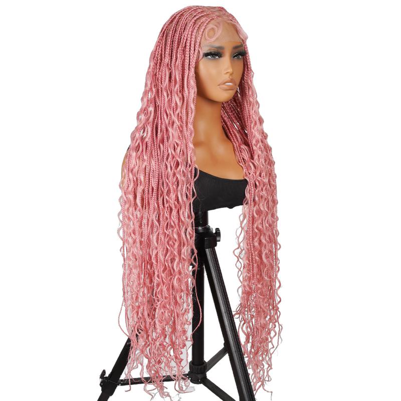 SuperNova #Pink 36 Inches Full Lace Synthetic Bohemian Knotless Box Braided Wigs, Lightweight, Breathable, Natural Look, Long-Lasting, Easy to Maintain, Perfect for Fashionable Styles, Versatile for Any Occasion, Elegant Pink Color for All-Day Wear