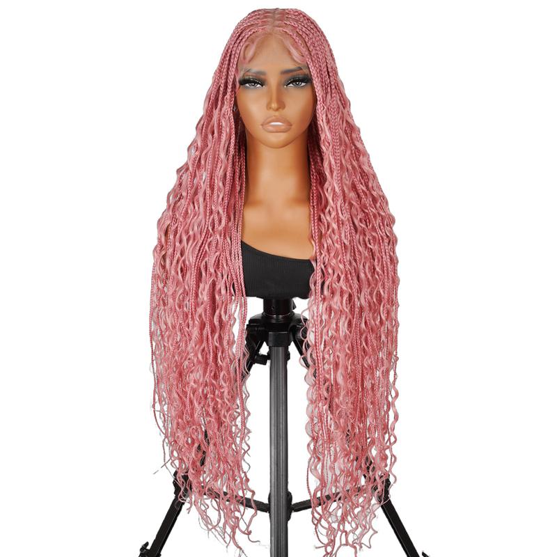 SuperNova #Pink 36 Inches Full Lace Synthetic Bohemian Knotless Box Braided Wigs, Lightweight, Breathable, Natural Look, Long-Lasting, Easy to Maintain, Perfect for Fashionable Styles, Versatile for Any Occasion, Elegant Pink Color for All-Day Wear