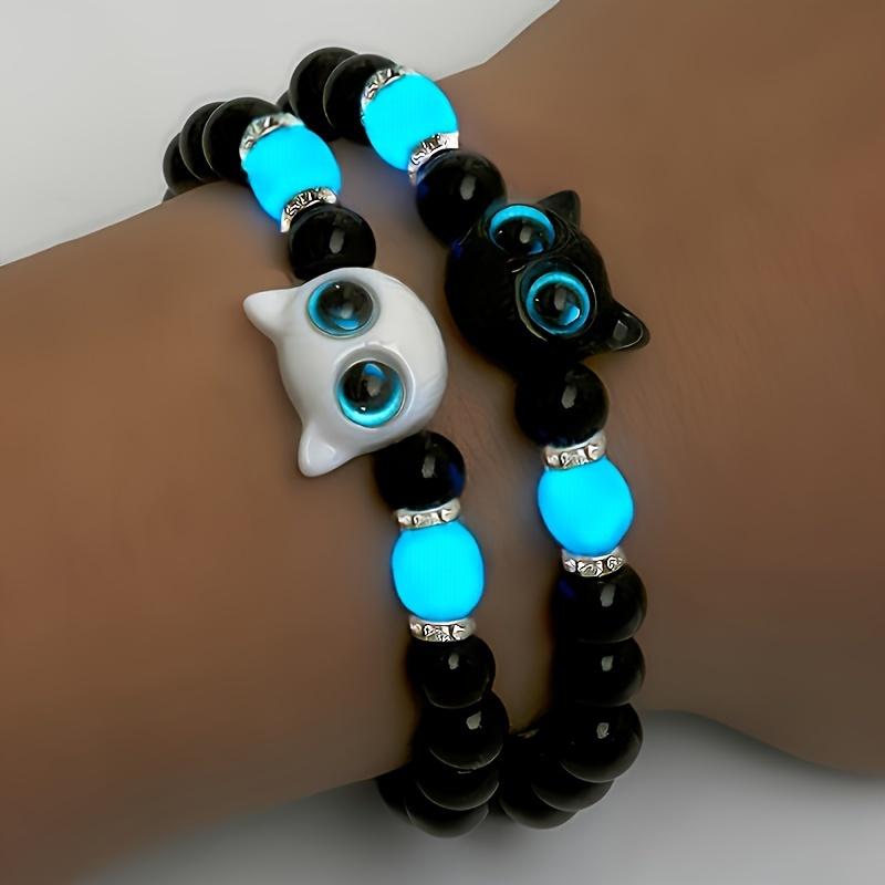 4 Pcs Glow-in-the-Dark Cat Jewelry Set - Luminous Beaded Bracelets & Multilayer Necklace, Vintage Boho Style, Adjustable Elastic Black Beads With Cute Cat Accents, Perfect For Couples Friendship Gifts