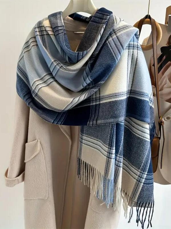 Vintage Plaid Pattern Tassel Decor Scarf, Elegant Thickened Shawl for Women & Men, Fashion Accessories for Fall & Winter