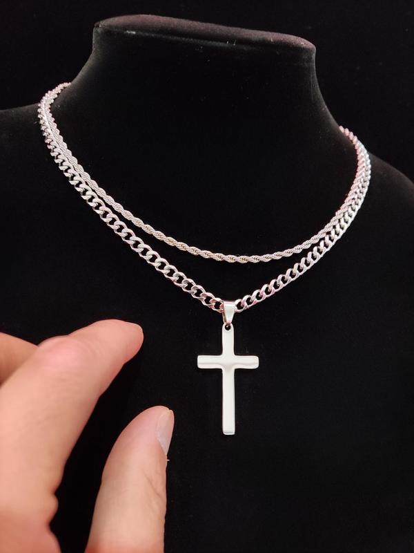 Cross Pendant & Cuban Chain Necklace Set for Men & Women, Stainless Steel Vintage Jewelry for Party, Daily Decor, Trendy All-match & Exquisite Jewelry for Birthday Gift, Fall Outfits, Fall Freshness, for Fall