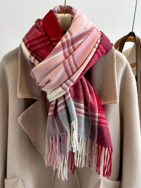 Vintage Plaid Pattern Tassel Decor Scarf, Elegant Thickened Shawl for Women & Men, Fashion Accessories for Fall & Winter