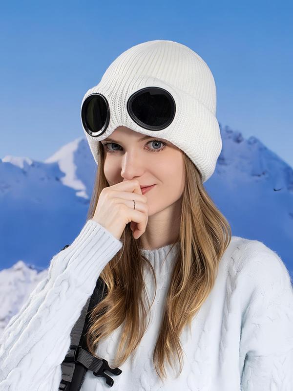 Unisex Solid Color Goggle Lens Design Beanie Hat, Casual Soft Comfortable Beanie for Fall & Winter, Fashion Accessories for Both Men & Women