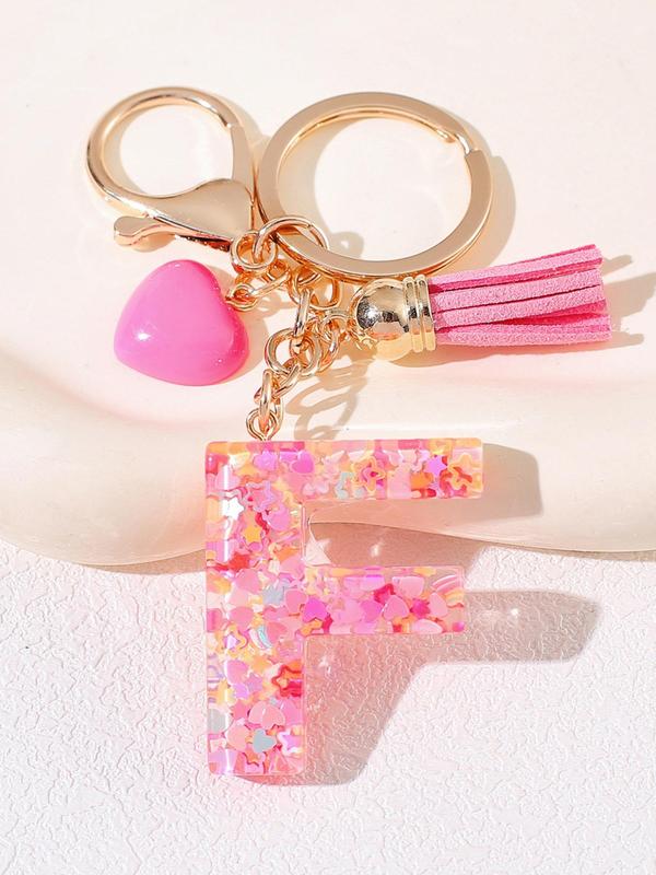 Letter Design Keychain, Cute Tassel & Heart Bead Decor Keychain for Women & Girls, Fashion Accessories for Bag Decoration