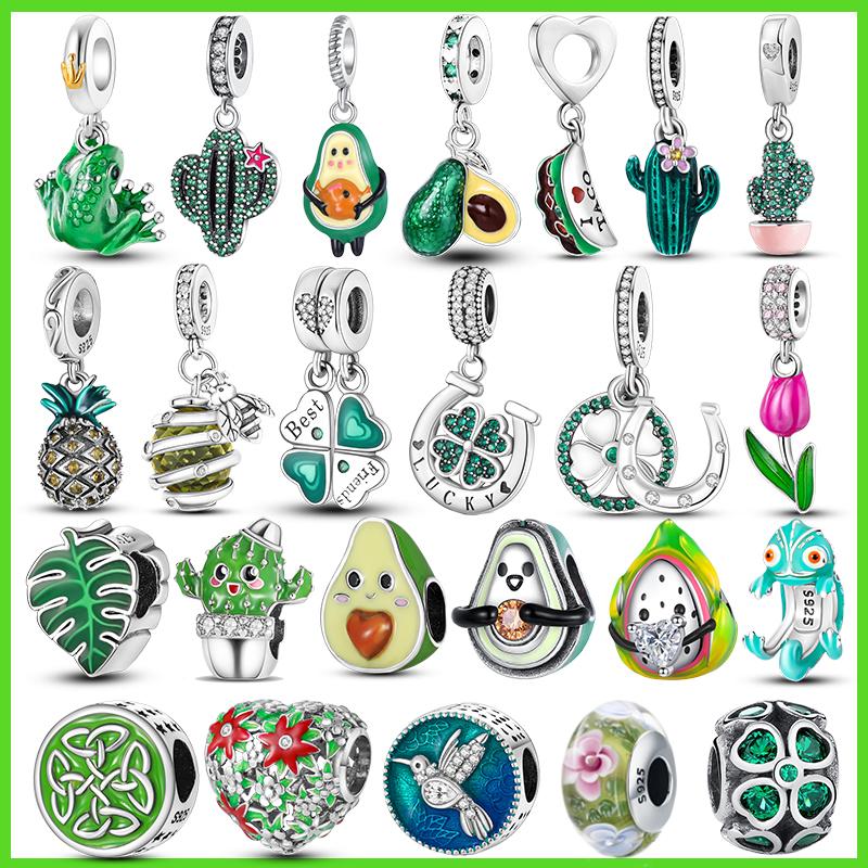 925 Silver Ladybug Lucky Grass Cactus Avocado Flower Botany Charm Plata De Ley Green Bead DIY For Original Bracelet Jewelr