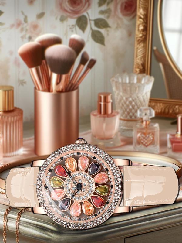 Women's Elegant Fashion Rhinestone Decor Round Dial Quartz Watch As Gift, Vintage Exquisite Wristwatch, Chic Business Watch As Gift with Box