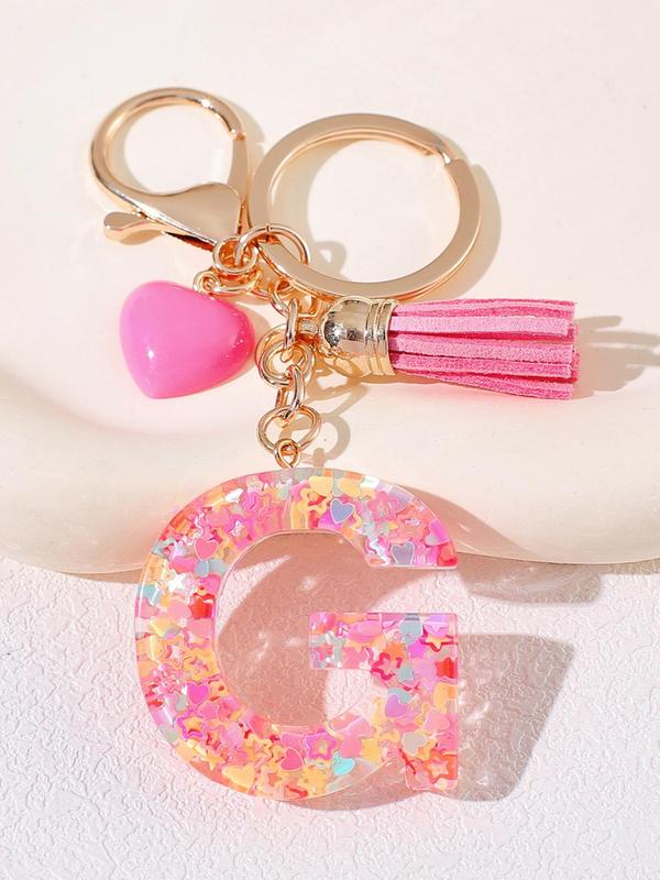 Letter Design Keychain, Cute Tassel & Heart Bead Decor Keychain for Women & Girls, Fashion Accessories for Bag Decoration