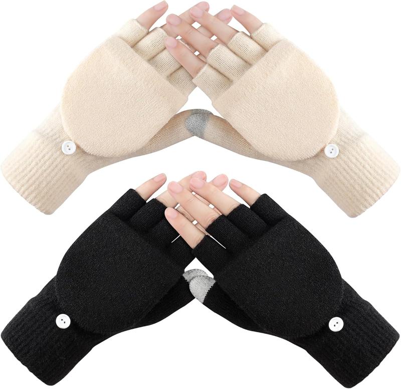 Winter Fingerless Gloves for Women, 2 Pairs Convertible Half Finger Womens Winter Gloves Mittens, Thick Warm Gloves