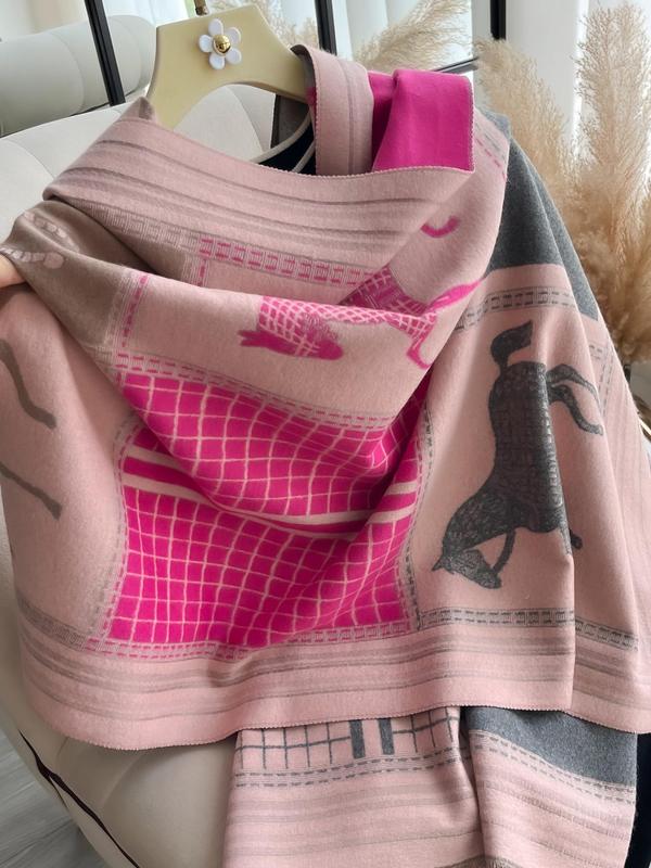 Women's Boho Style Plaid & Horse Pattern Shawl, Airport Outfits 2024, Raw Trim Long Scarf, Casual Soft Warm Double Sided Scarf for Fall & Winter, Fashion Clothes Accessories for Women