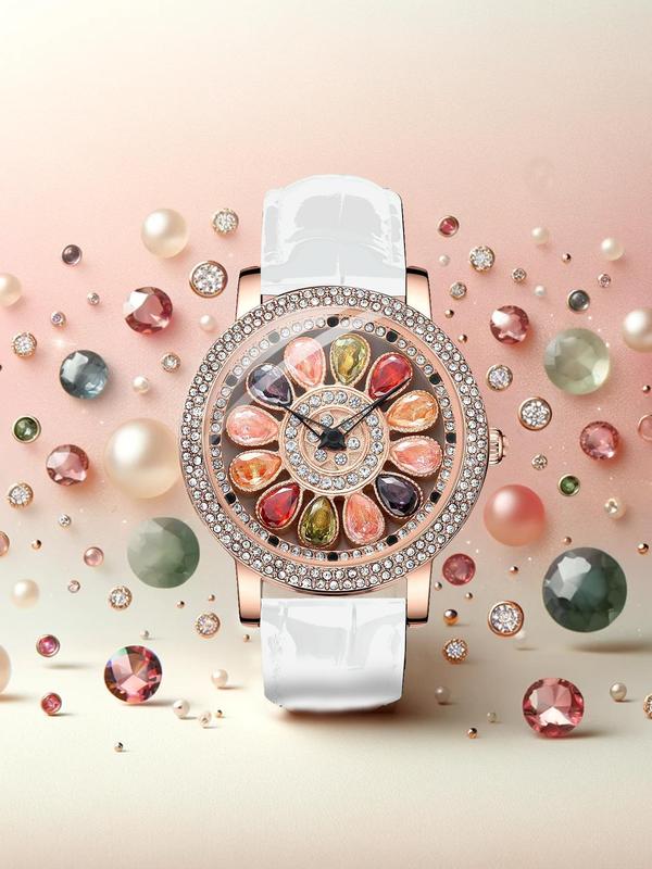 Women's Elegant Fashion Rhinestone Decor Round Dial Quartz Watch As Gift, Vintage Exquisite Wristwatch, Chic Business Watch As Gift with Box