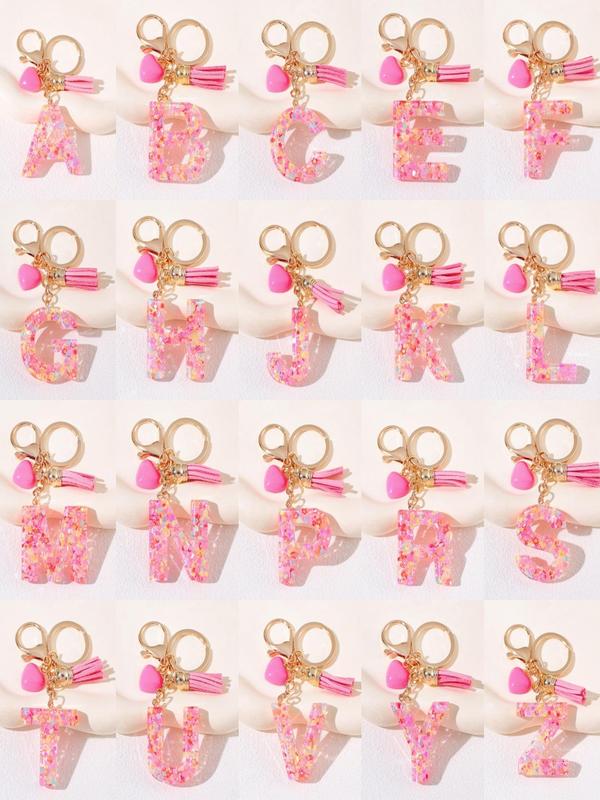 Letter Design Keychain, Cute Tassel & Heart Bead Decor Keychain for Women & Girls, Fashion Accessories for Bag Decoration