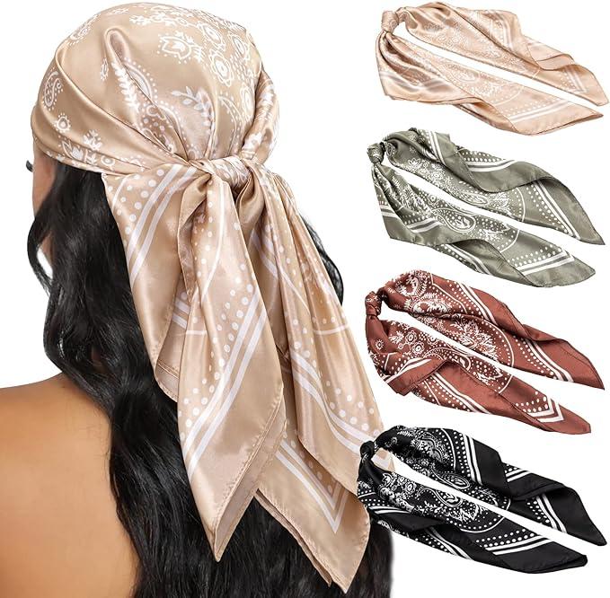 4PCS Head Scarf for Women 35” Head Scarves Silk Like Satin Neck Scarfs