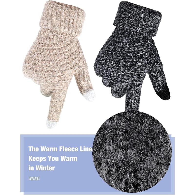 2 Pairs Women's Winter Touchscreen Gloves Warm Fleece Lined Knit Gloves Elastic Cuff Winter Texting Gloves