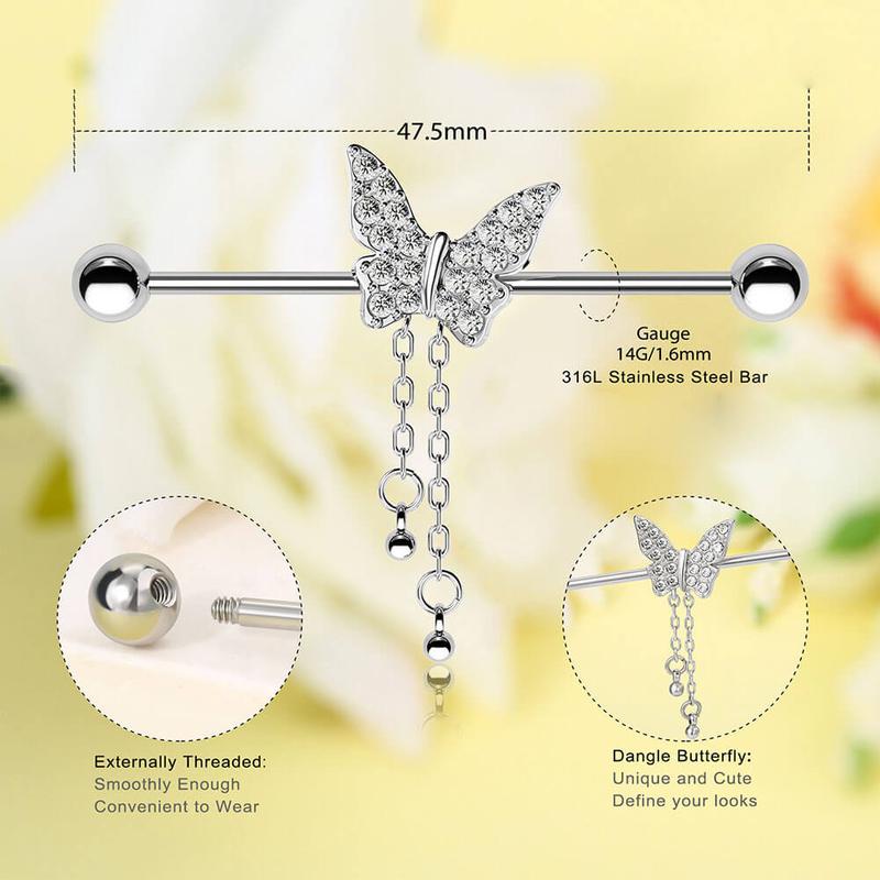 14G Shiny Dangle Butterfly Industrial Barbell