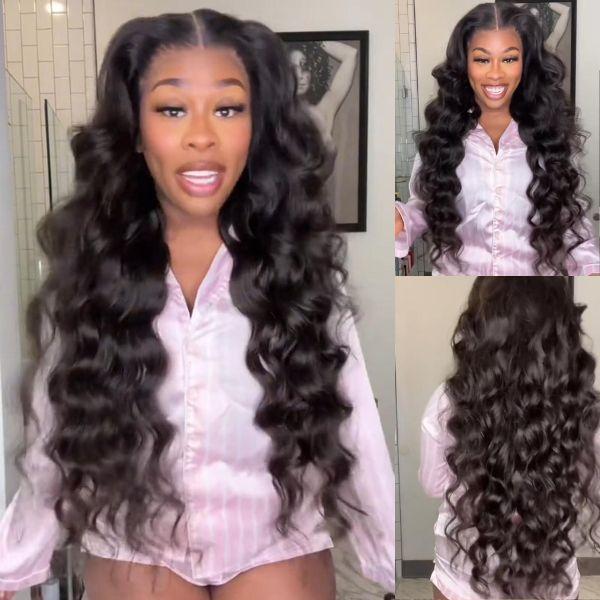 250% Density Lace Front Loose Wave 6x4 Glueless Pre-cut Pre bleached Wigs with Curtain Bangs Glueless Lace Body Wave Wig For Women-Amanda Hair Shop